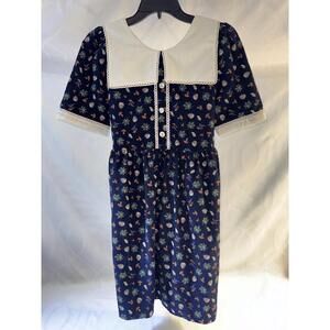 Miss Patina Sz M/L Berry Mushroom Leaves Print Dress in Navy Excellent Condition